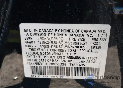 2012 Acura Mdx from USA, damaged, VIN 2HNYD2H2XCH505062